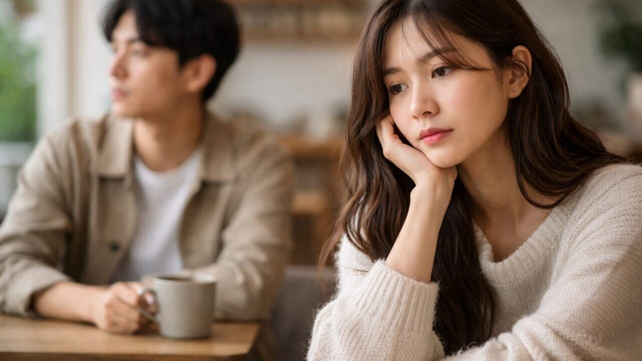 与えるけど受け取らない人の前で悩む女性