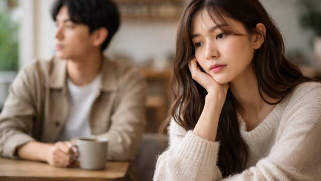 与えるけど受け取らない人の前で悩む女性